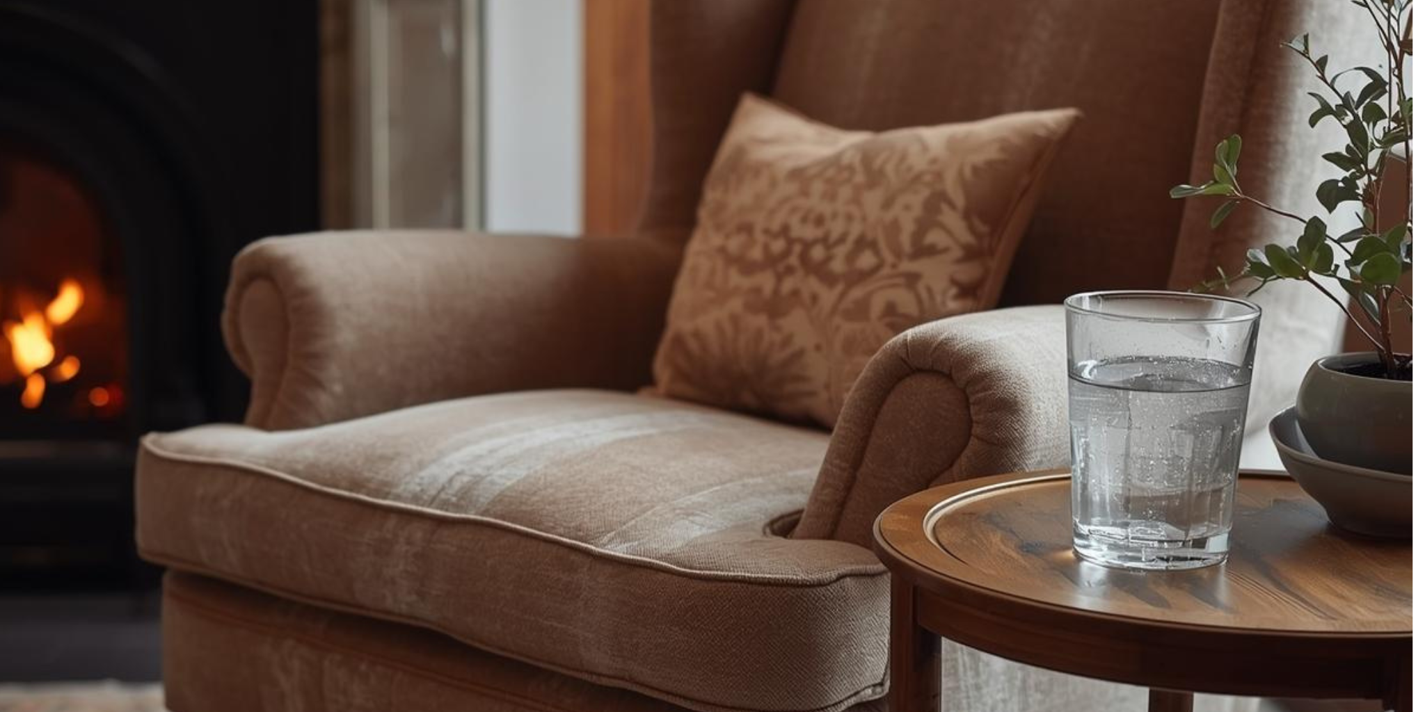 cosy living room with water on table