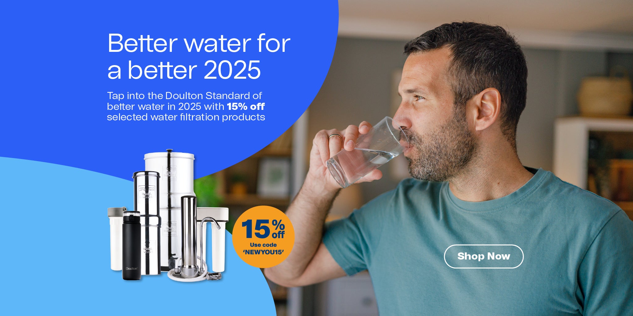 man drinking water with brand campaign
