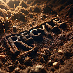 The word 'recycling' depicted in soil, highlighting the recyclability of Doulton ceramic water filters.