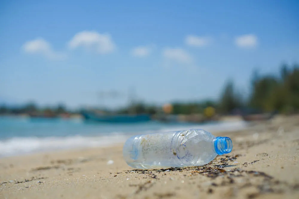 Plastic Water Bottles On The Beach Left By Tourists. Pollution In