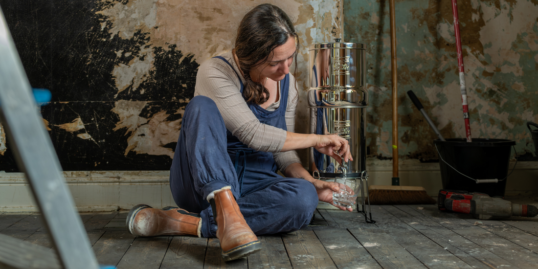 woman sitting down in renovation room pouring water