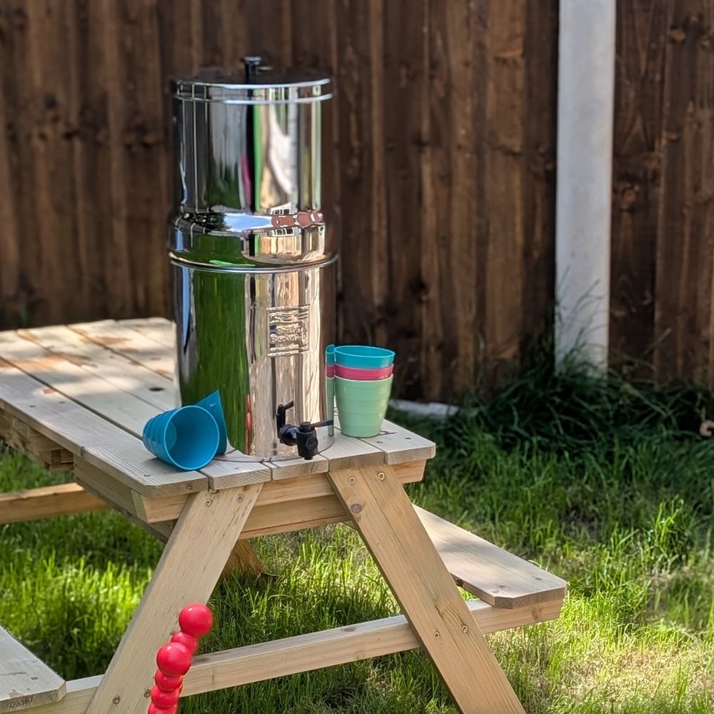  gravity water system on a picnic bench 