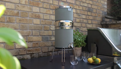 Gravity water filter with grey sleeve