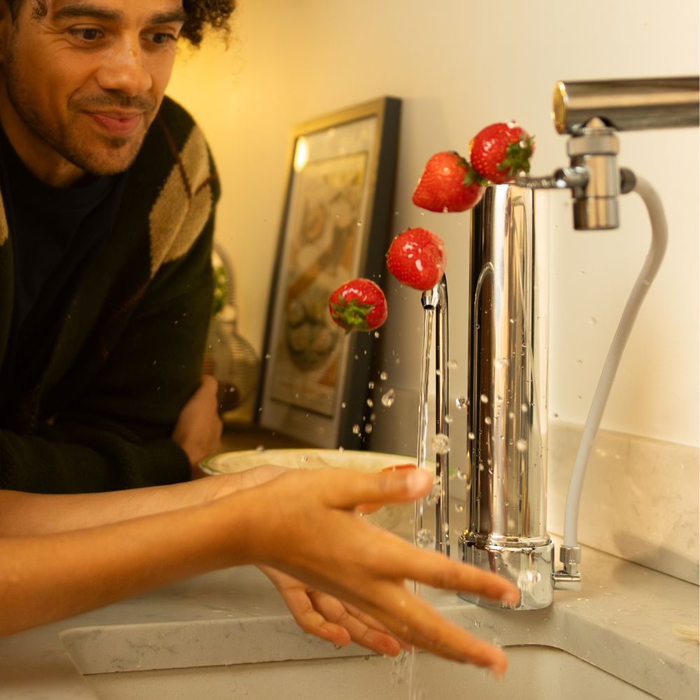 A countertop water filter washing strawberries
