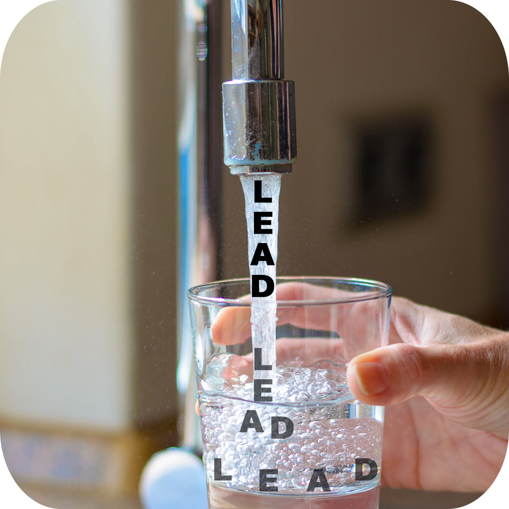 Image depicting tap water with the word 'LEAD' visible.