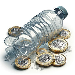 A plastic water bottle surrounded by £1 coins, illustrating the potential savings with Doulton filters.