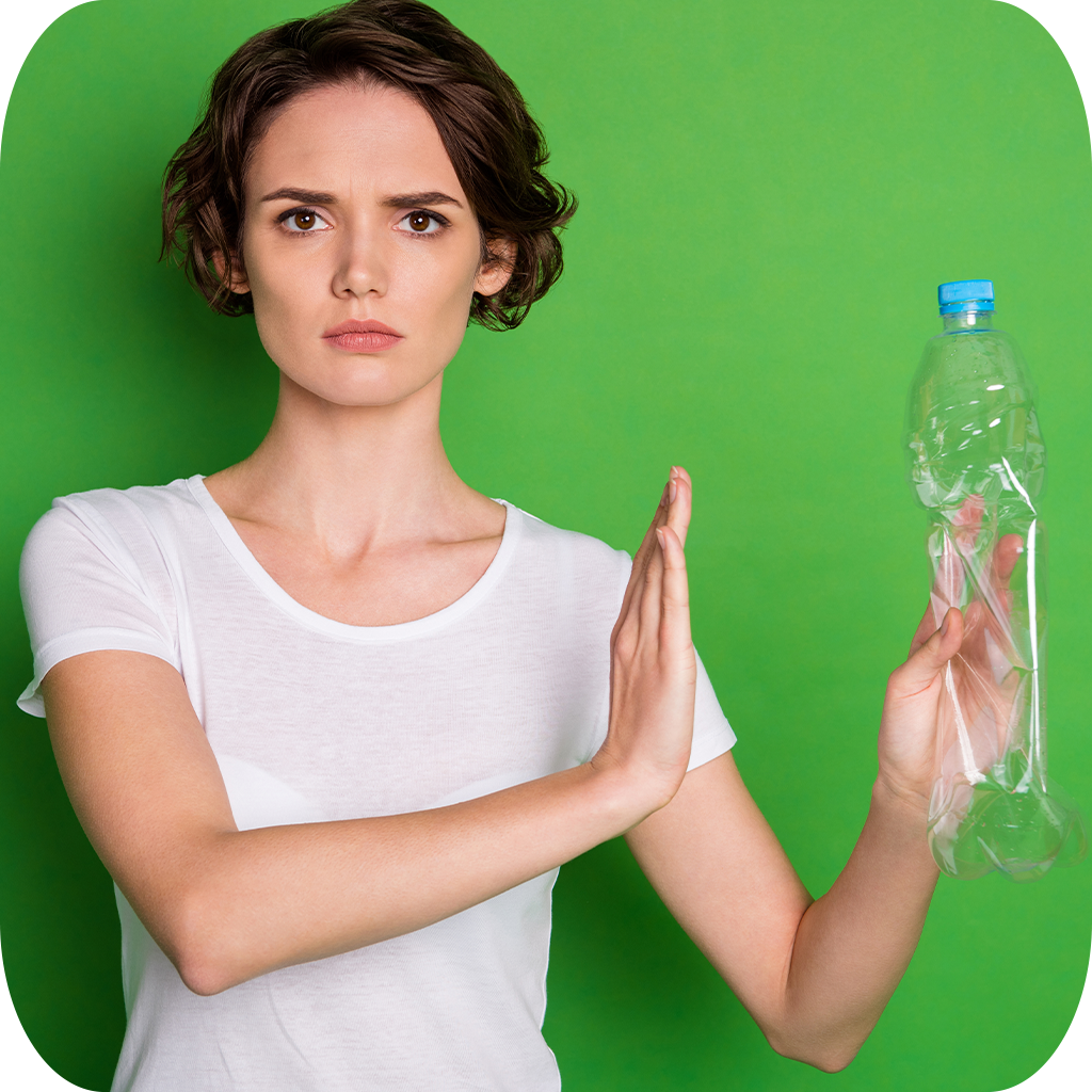 A woman saying no to using plastic water bottles