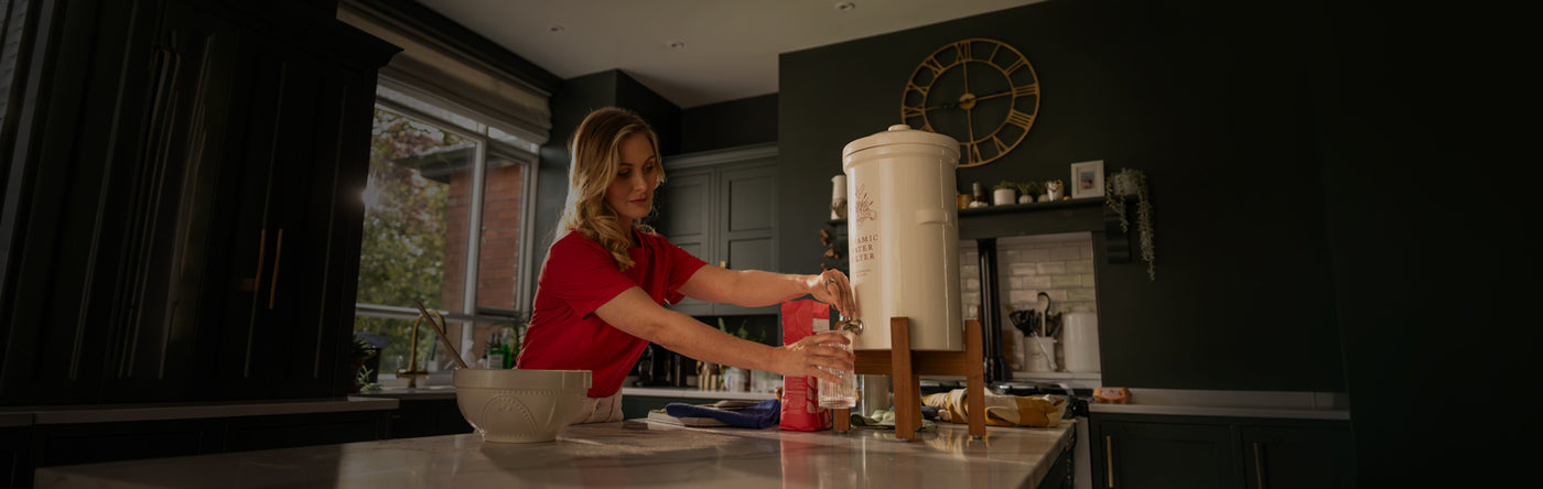A woman getting water from a ceramic gravity system