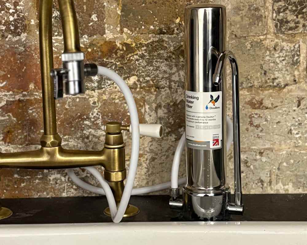tap-mounted countertop water filter system by sink